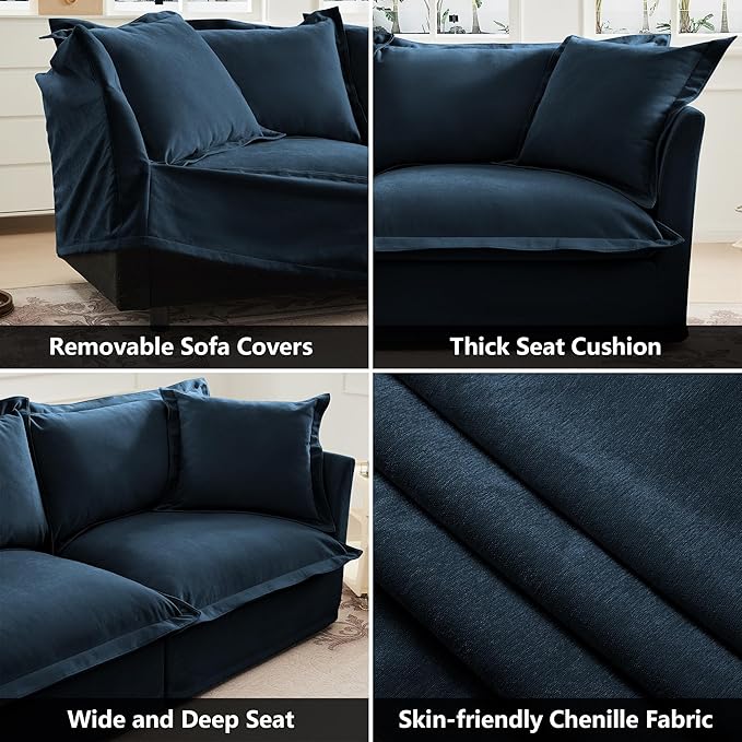 Aoowow Oversized Modular Sectional Sofa Chair with Movable Ottoman 49” Chenille Single Armchair Comfy Deep Seat Couch Sofa with Big Toss Pillows for Living Room Apartment Office(Blue-Chenille)