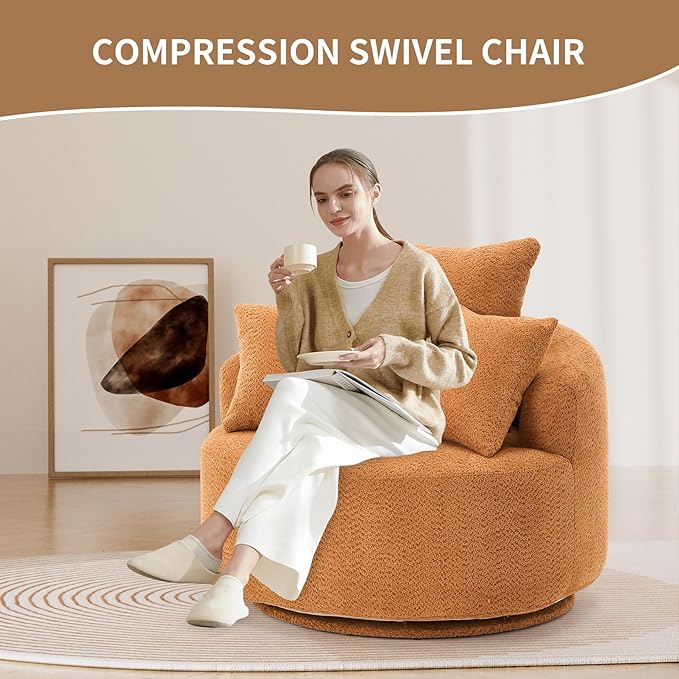 40” Orange Round Swivel Chair with 3 Pillows &amp Thick Cushion Oversized 360° Swivel Accent Chair Modern Boucle Armchair for Nursery Living Room Bedroom Club