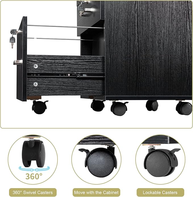 Black Cabinet with Wheels Rolling Cabinet 15.7 L x 15.7 W x 26 H Drawer Mobile File Cabinet with Lock Under Desk Filing CabinetMobile Under Desk Organizer Wooden