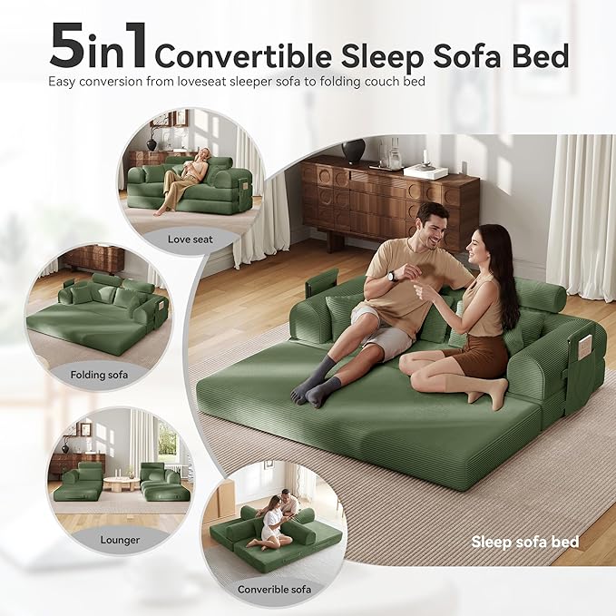Convertible Folding Couch Bed Comfy Corduroy Sleeper Floor Sofa Bed with Fixed-Shape Frame Floor Sofa with Armrest Lounge Couch for Living Room Bedroom Lounge Studio High Backrest Green