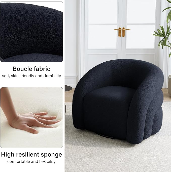 Boucle Swivel Accent Chair No Assembly Small Comfy Round Barrel Armchair for Living Room Bedroom Reading Waiting Room (Navy Blue Set of 2)