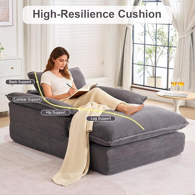 GNIXUU 67 Oversized Chaise Lounge Chair Indoor Corduroy Upholstered Boneless Sleeper Sofa Bed Comfy Large Reading Chair with Wide Armrests Plush Cloud Couch for Living Room Bedroom Gray