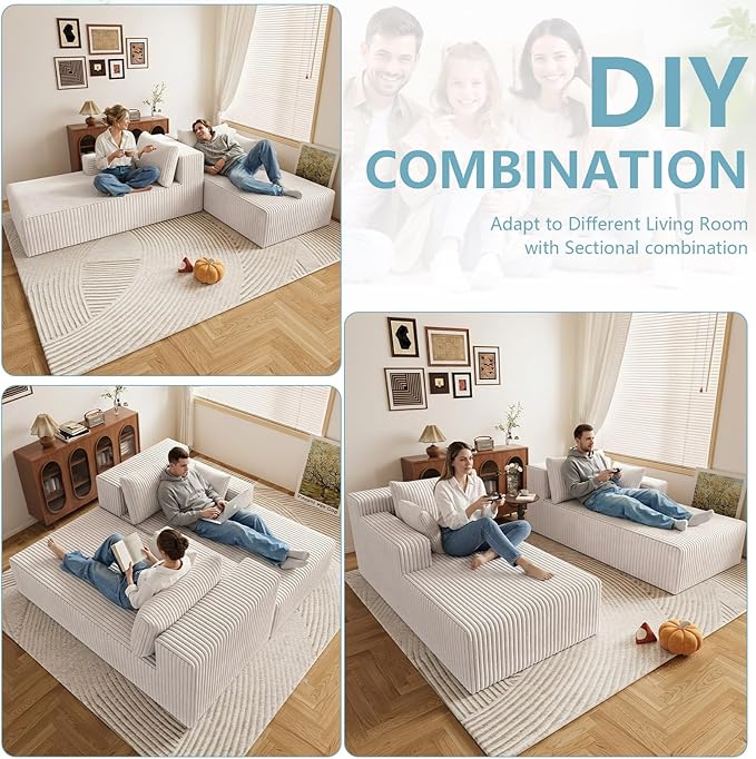 71Oversized Chaise Lounge ChairSectional Double Lounge Chaise with Pillows Upholstered Corduroy Boneless Lounge Chair Fluffy Modern Loveseat Sleeper Sofa for Living Room or Bedroom(White)