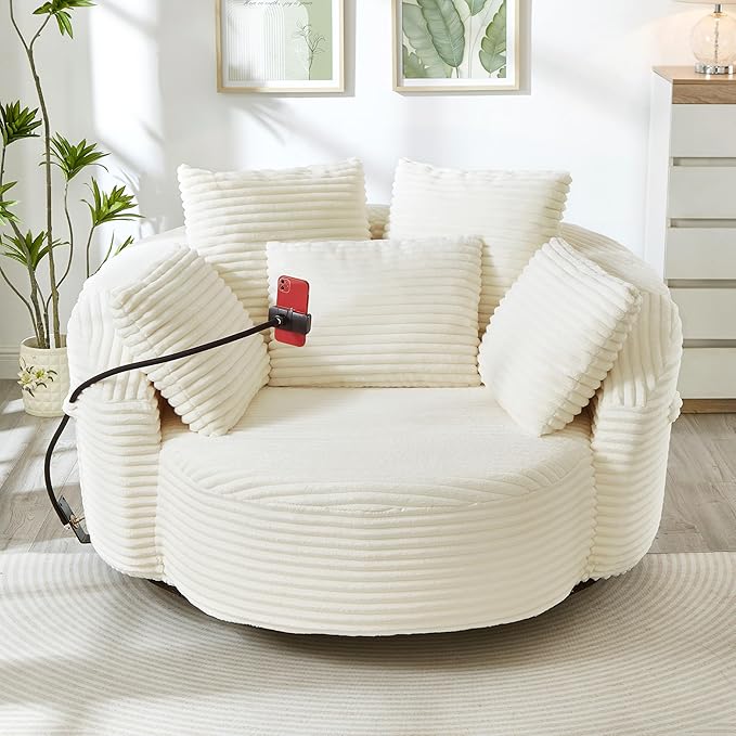 360° Swivel Accent Chair with 5 Throw Pillows Adjustable Phone Holder Corduroy Fabric Round Sofa Chair Barrel Chair with Semi-Wraparound Design for Living Room Office and Hotel (Beige1)