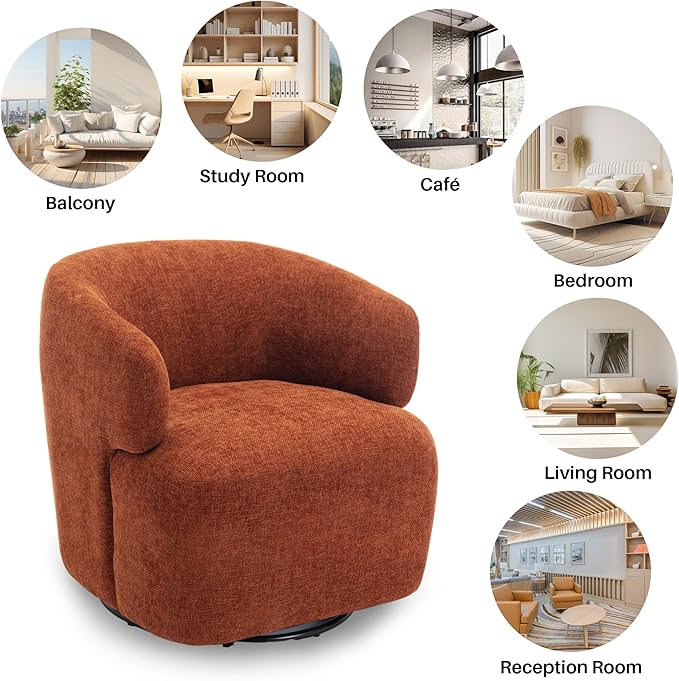 Swivel Accent Chair Chenille Barrel Chair for Living Room Cozy Round Boucle Arm Chair Metal Base for Club Nursery Bedroom Orange