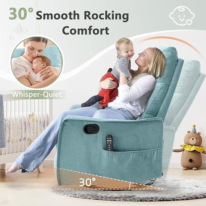 cinkehome Swivel Rocker Recliner Glider Rocker Recliner Chair for Nursery Manual Reclining Chair with Heated Massage Small Spaces Living Room Linen Light Blue