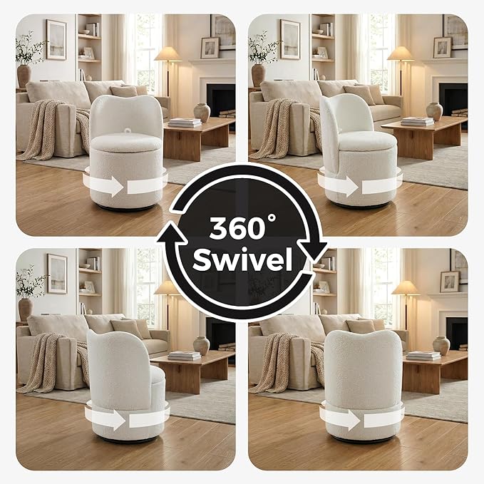 Swivel Teddy Vanity Chair with Storage Upholstered Vanity Stool with Back Sherpa Vanity Stool Chair Round Makeup Chair Swivel Accent Chair Barrel Armchair Soft Padded Seat for Living Room Bedroom