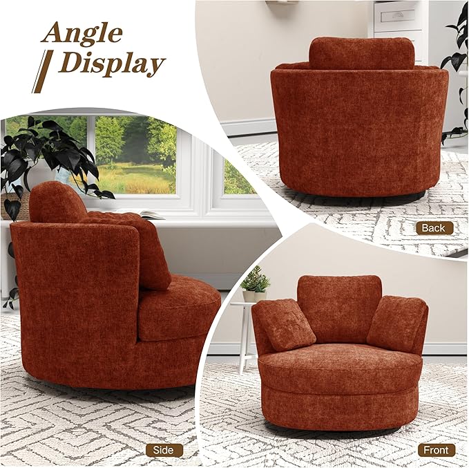 Mlmh &amp Kngwa Oversized Swivel Chair 40 inch Round Swivel Accent Chair with 3 Pillows Modern Barrel Chairs for Living Room Cozy Chenille Chairs for Reading Nook Bedroom Terracotta