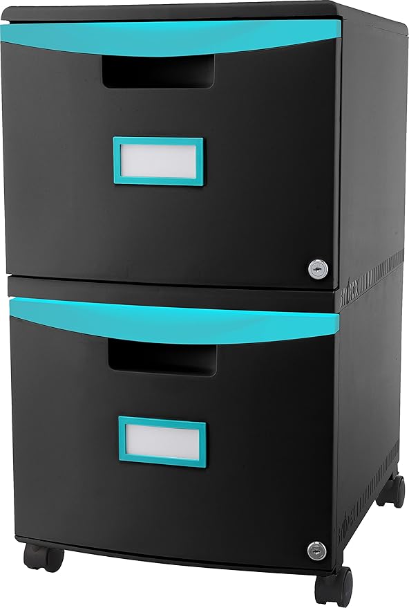 Storex Two-Drawer Mobile Filing Cabinet 2 Legal/letter-Size File Drawers Black/teal 14.75 X 18.25 X 26