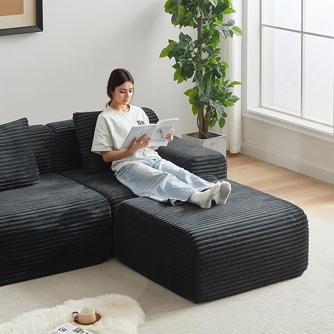 114-inch Oversized Modular Sectional Sofa Fluffy Boneless Compressed Memory Foam Corduroy Couch Comfy Modern L Shaped Couches with Ottoman &amp Pillows for Living Room Apartment Bedroom Black