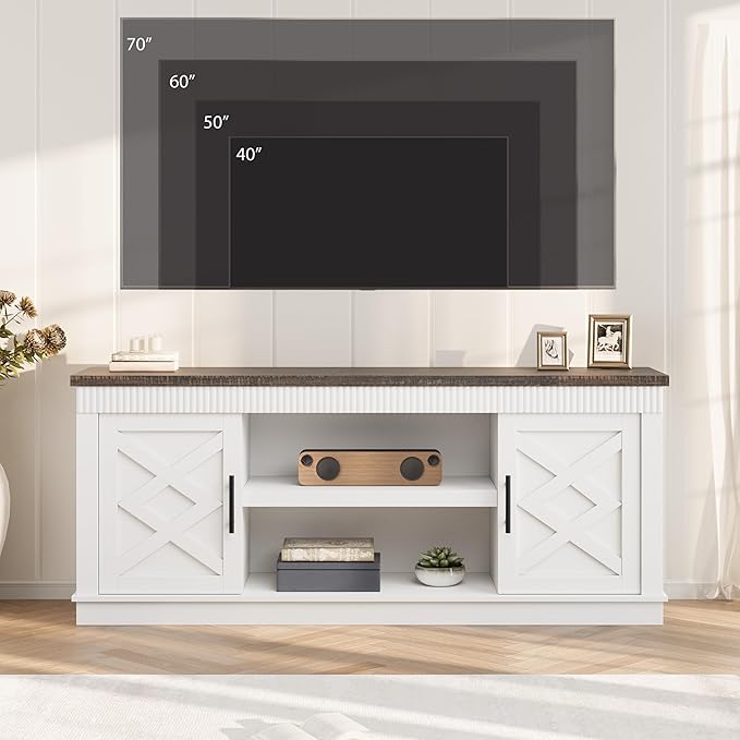 GarveeHome Farmhouse TV Stand for 70/75 in TVs 65 in Long Entertainment Center w/ 2 Door &ampOpen Storage Shelf Rustic Fluted Television Consoles Stands for Living Room Bedroom