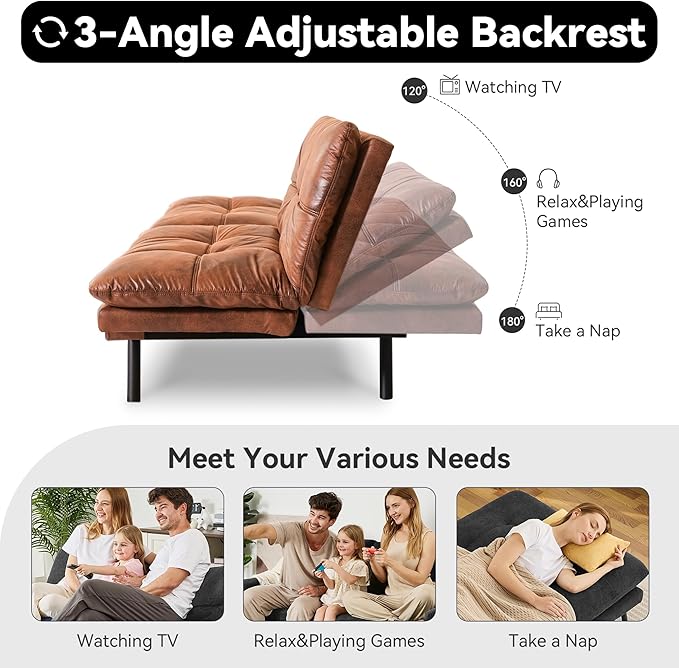 Vyfipt 71 Convertible Futon Sofa Bed3-in-1 Faux Leather Fabric Futon Couch with Memory Foam Modern Foldable Sleeper Loveseat for Small Spaces Living RoomOffice &amp ApartmentBrown