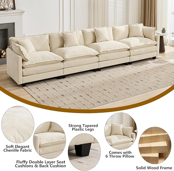 Aoowow Modular Sectional 4 Seater Cloud Sofa Couch for Living Room149.6 Beige Cloud Sofas with Deep SeatModern Chenille 4 Seat SofasFluffy Cloud Couches for BedroomOfficeHotel (Beige 4 Seater)