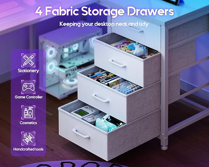 MOTPK 43” L Shaped Gaming Desk for Small Rooms Compact Corner Computer Table with Shelf &amp Hutch 4 Drawers Reversible Study Table with LED Light Power Outlets &amp USB Ports Home Office Table