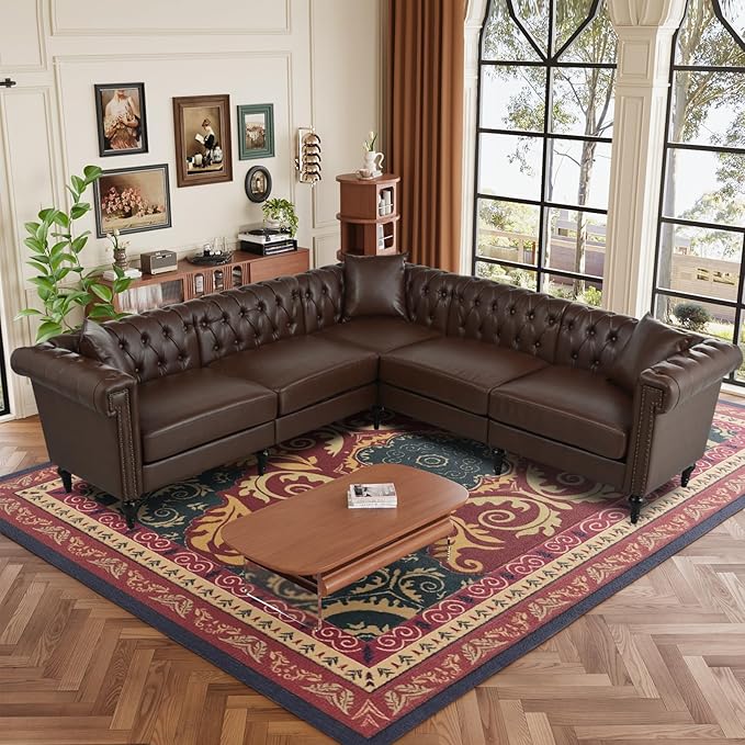 99.4 Inch 5 Seat L Shaped Couch Faux Leather Sectional Couch with Three Pillows Chesterfield L Shaped Sofa PU Leather Sectional Couches for Living Room Brown