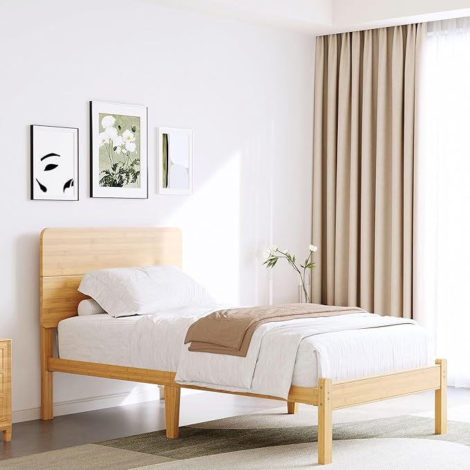 14in High Solid Bamboo Wood Platform Twin Size Bed Frame with Headboard Reinforced Heavy Duty Metal Slats Noise Free No Box Spring Needed Easy Assembly