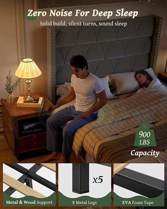 Queen Size Bed Frame with 56 Headboard - Velvet Upholstered Wingback Platform Bed Frame Noise Free Sturdy Wooden Slat Support (Deep Gray Queen)
