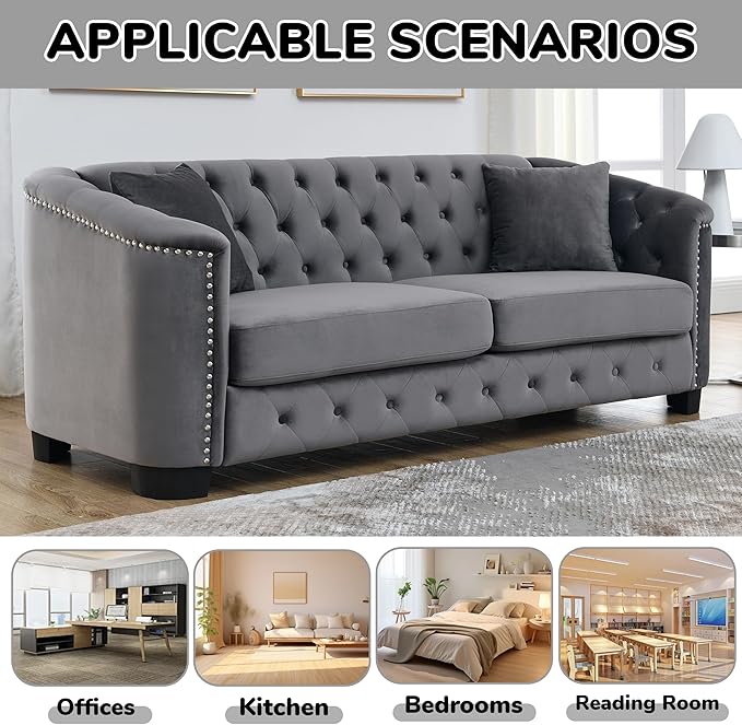 2 Piece Modern Chesterfield Velvet 77 3-Seater Sofa Set Upholstered Tufted Backrests with 8 Nailhead Arms and 4 Cushions for Living Room (Grey 2 Piece 77 3-Seater Sofa Sets)