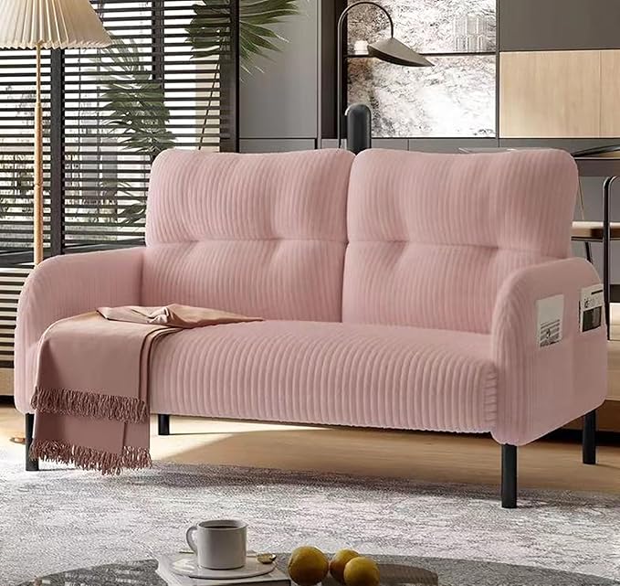 Pink Small Loveseat Sofa - 47 Mini Couch for Bedroom Comfy Corduroy Fabric 2-Seat Sofa Couch with Solid Wood Frame for Living Room Small Space Dorm Easy Assembly (Pink) | Sturdy and Durable