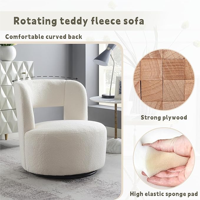 Swivel Accent Chair 360° Swivel Comfy Upholstered Seat for Living Room Bedroom Office Swivel Barrel Chair in Soft Teddy Fabric for Makeup Vanity &amp Waiting Room(White)