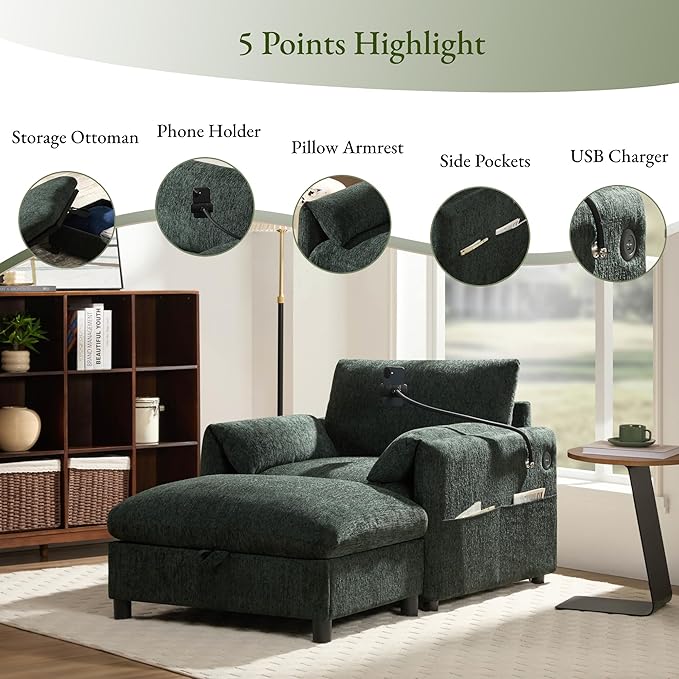 Oversized Accent Sofa Chair with Ottoman Chaise Lounge Chair with USB Charger Phone Holder Side Pockets Chenille Reading Armchair for Living Room Bedroom Home Theater(Olive Green)