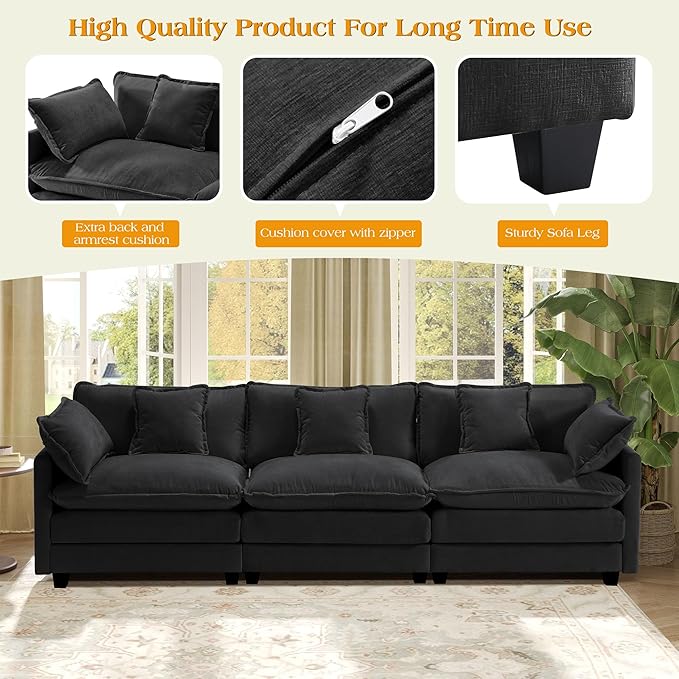 113.4 Modular Sectional SofaCloud Couch for Living Room Modern Deep Seat Sofa 3 Seater Chenille Fabric Comfy Couches with Throw Pillows for Apartment