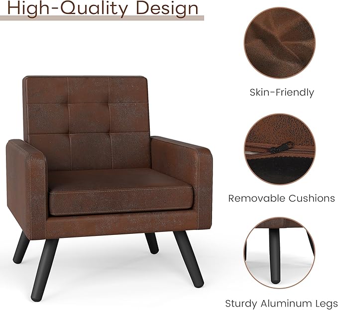 Accent Chair for Living Room Faux Leather Mid-Century Modern Armchair with Comfy Back Cozy Single Sofa Reading Chair 496 Lb. Weight Capacity for Bedroom Apartment Small Space Bronze