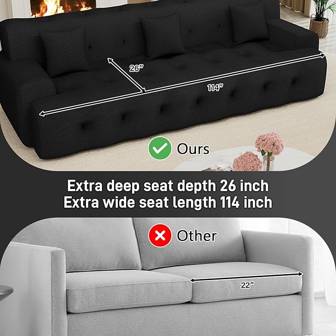 OUYESSIR 114 Boneless CouchCloud Couch3D Mesh Fabric Comfy Sofa3 Seater Modern Curved Sofa for Living RoomBedroom and ApartmentNo Assembly RequiredBlack