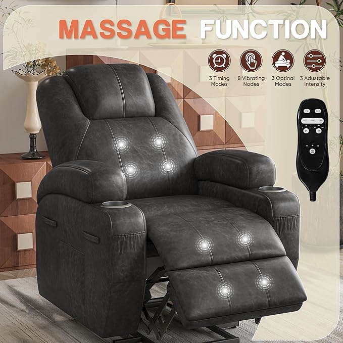 Electric Power Lift Recliner Chair with Massage for Elderly Corduroy Fabric Recliner Single Sofa with Cup Holders Side Pockets and Remote Control for Living Room Bedroom (Leathaire Dark Gray)