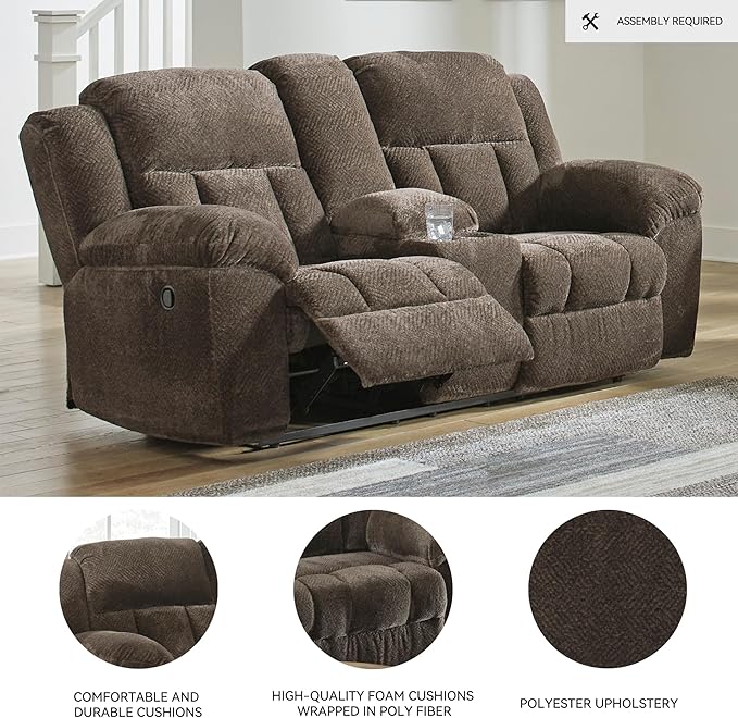 Signature Design by Ashley Frohn Modern Manual Double Reclining Loveseat with Console Storage and Cup Holders Dark Brown