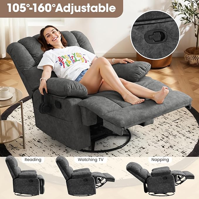 Oversized Swivel Rocker Recliner Chair with Large Footrest &amp High Back- 360° Rotation &amp Gentle Rocking for Living Room Nursery350lbs CapacityTool-Free Assembly(Gray)