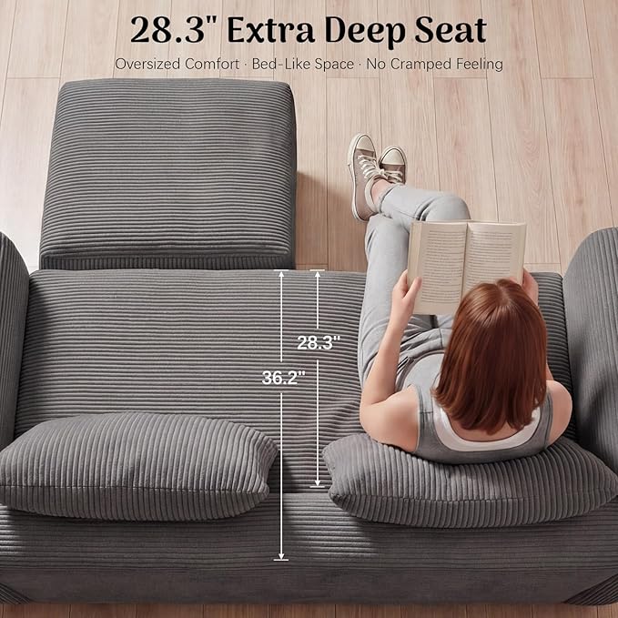 Redlife 78 Folding Sofa Bed with Ottoman Modular Loveseat Sleeper Couch Convertible Floor Sofa Corduroy Fabric Wide Armrests 28.3 Deep Seat Removable Covers &amp Side Pocket No Assembly Gra