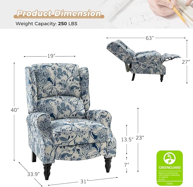 HULALA HOME Upholstered Wingback Recliner Chair Set of 2 Small Adjustable Footrest Push Back Single Reclining Sofa Mid Century Modern Lounge Armchair for Living Room Bedroom Reading/Jacobean