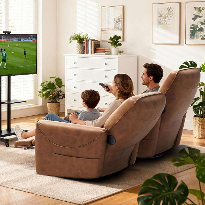 KINGYES Nursery Recliner Rocking Chair 270° Swivel Glider with Bluetooth Speaker &amp USB-C Port Faux Leather Nursery Rocking Chair Brown
