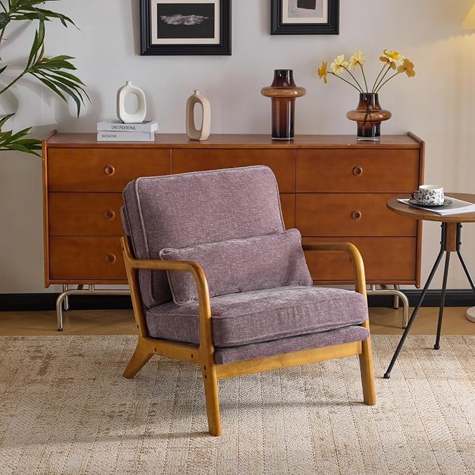 VINGLI Chenille Mid-Century Modern Accent Chair Cute Reading Arm Chair with Cushion &amp Lumbar Pillow &amp Solid Wood Frame for Lounge Living Room Reading Room Bedroom Light Purple