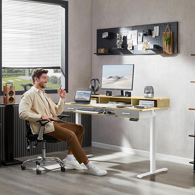 63 Inches Electric Standing Desk with Keyboard Tray Height Adjustable Sit to Stand Table with 2 Drawers Ergonomic Home Office Desk with Storage Shelf Computer Table Oak