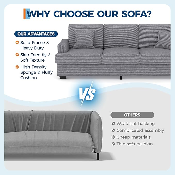 IDEALHOUSE Modern 86 Corduroy Sofa with 2 Throw Pillows Deep Seat Couch with Upholstered Cushion &amp Removable CoverComfy Corduroy Sofa Couch for Small Space Apartment Lounge Grey