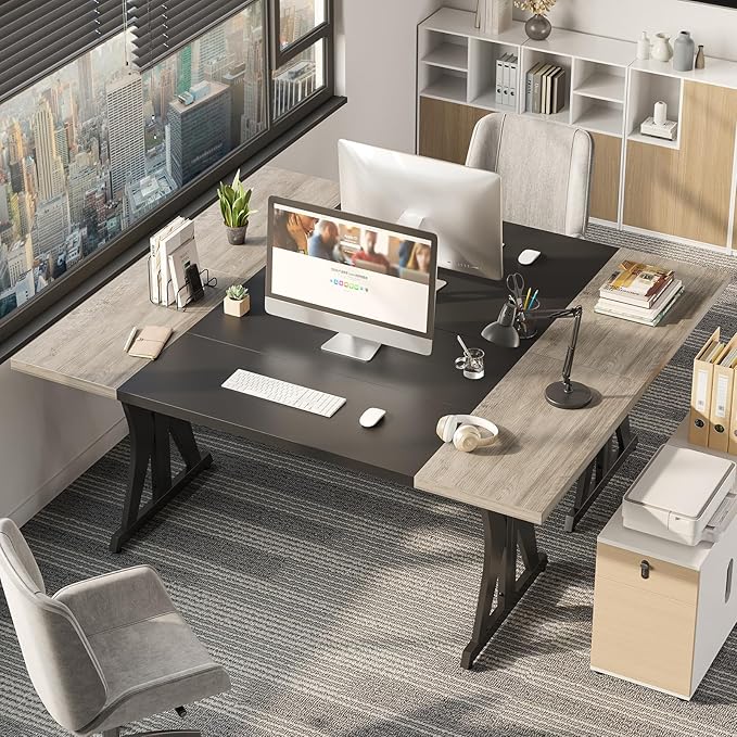 Bestier 70 Inch Large Executive Desk Modern Simple Computer Office Desk with Thickened Desktop Wood Metal Conference Room Table for Home Office Business &amp Writing Grey