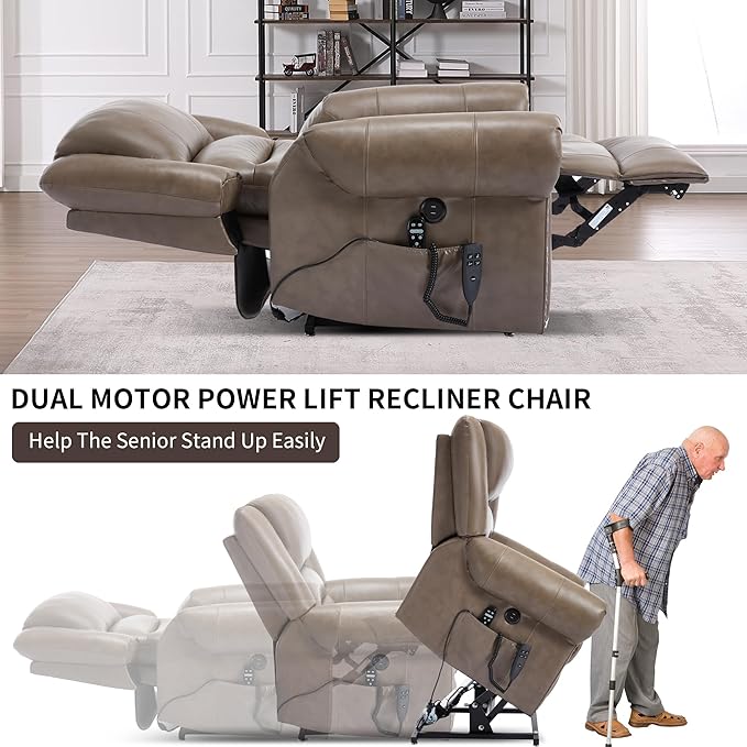 Genuine Leather Power Lift Recliner Chair Lazy Boy Recliner Chair with Charging Ports for Living Room Theater Seating Electric Single Sofa with Round Armrest Camel Brown
