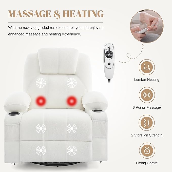 Swivel Rocker Recliner Chair with Heat and Massage Big Oversized Rocking Single Sofa for Living Room 360 Degree Swivel Recliner Chair with Cup Holders and USB Port (Teddy White)