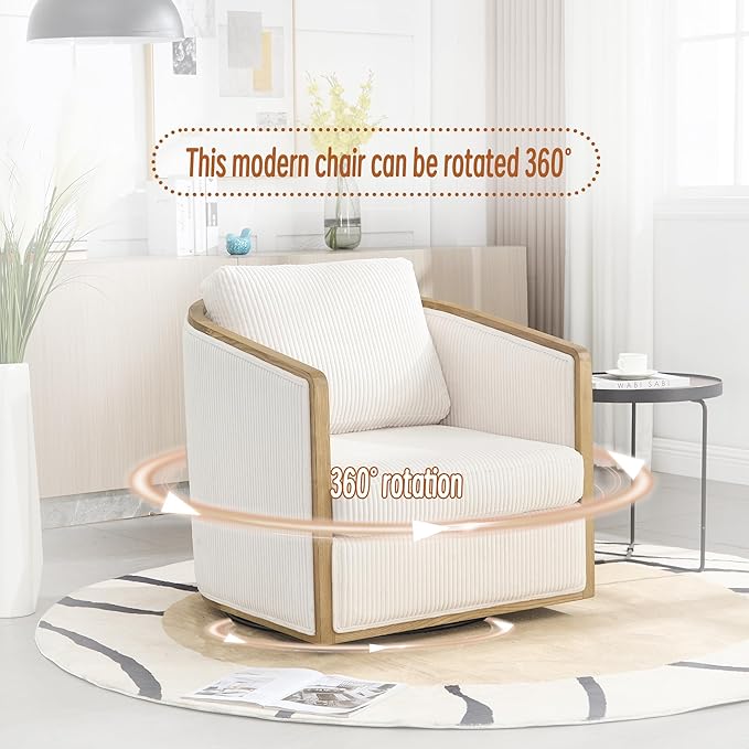 360 Degree Swivel Barrel Club Chair Comfortable Accent Sofa Chair for Living Room Leisure Armchair with Sturdy Hardwood Frame and Metal Base for Nursery Hotel Bedroom Office Lounge (Beige)