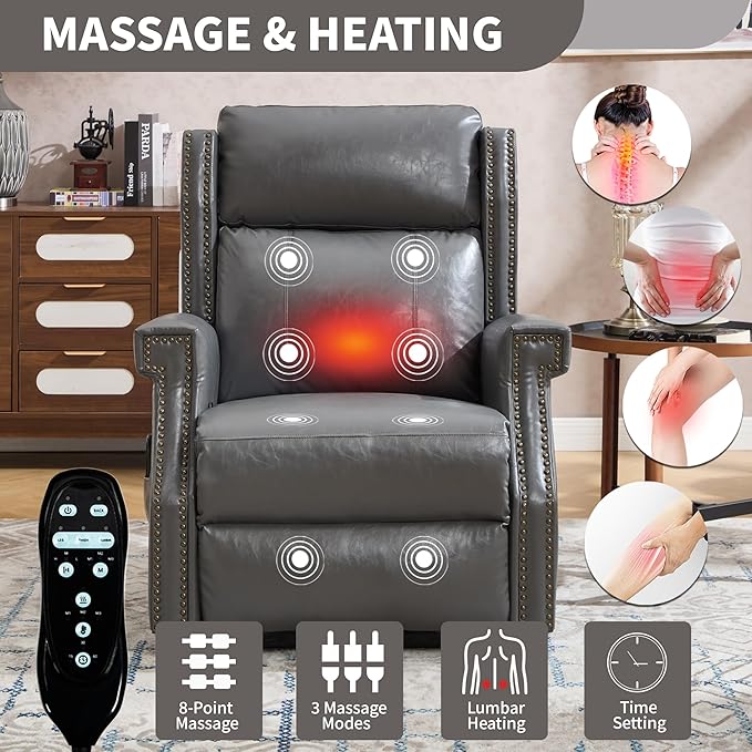 KEIKI Oversized Recliner Chair Manual Leather Recliner Chair with 8 Vibration Nodes Back Massager and Heating for Living Room Comfy Rocking Chairs for Living Room Grey