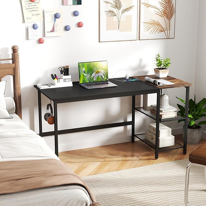 GOFLAME 59” Computer Desk Modern Simple Study Writing Desk with Built-in Power Outlet Removable Shelf &amp Side Headphone Hook Home Office Laptop PC Desk Gaming Table Workstation (Black)