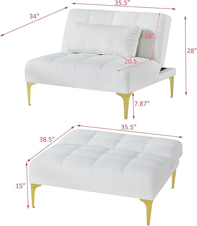 35.5 Modern Convertible Futon Sofa with Adjustable Backrest Teddy Upholstered Chaise Lounge with Tufted Design Comfy Couch Bed with Gold Metal Legs for Living Room Bedroom Apartment White Teddy