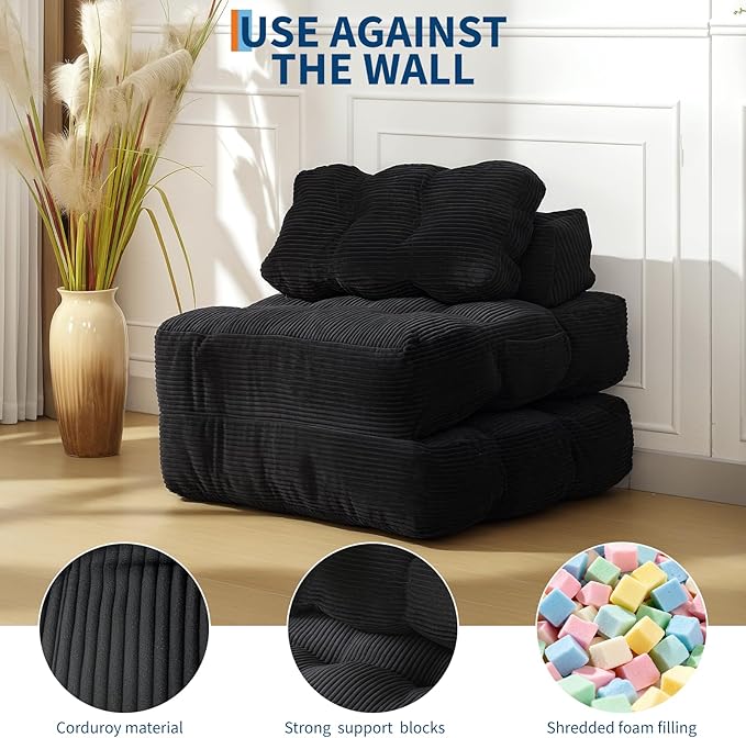 Folding Sofa Bed Convertible Sleeper Chair with Pillow Foldable Matress with Back Support Portable Fold Out Chair Bed Comfy Floor Sofa Lounge for Living Room Bedroom Black Single