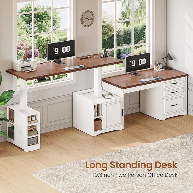 SEDETA Farmhouse L Shaped Electric Standing Desk 63 x 67 Height Adjustable Home Office Executive Desk with Drawers and Shelves Standing Computer Desks with Power Outlet for Home Office White