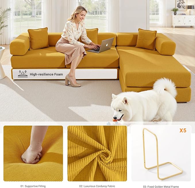 108'' Modular Sectional Sofa Bed Convertible Folding Sofa Bed With Removable Backres Boneless Cloud Couch with Deep Seat Modern Fold-Out Futon Couch Bed for Living Room No Assembly RequiredYellow