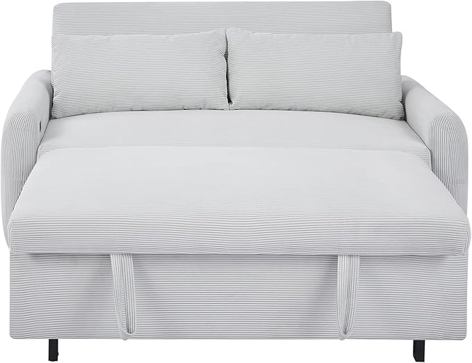 Merax 57.48 Loveseat Sofa Couch with Pull Out Bed 3 in 1 Convertible Corduroy Fabric Sleeper Sofa Bed with USB Ports and 2 Soft Pillows for Apartment Office Living Room (Light Blue)