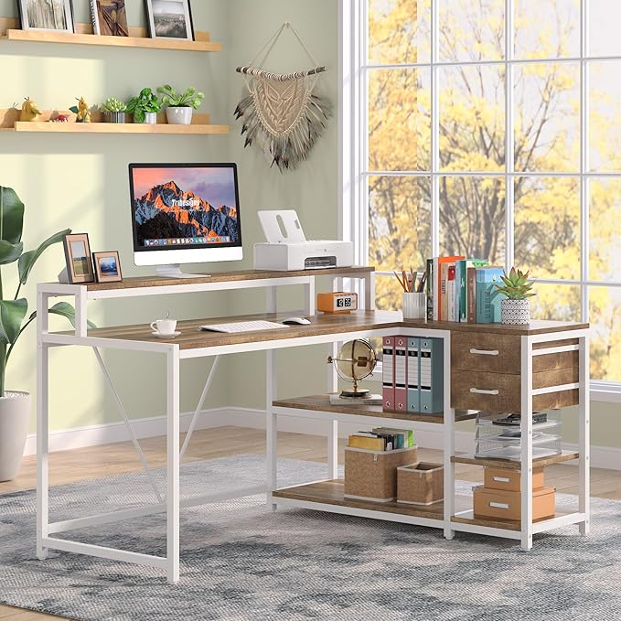 Tribesigns L Shaped Desk with Drawers and Monitor Stand L Corner Desk with Storage Shelves Beige Wooden PC Table for Samll Home Office