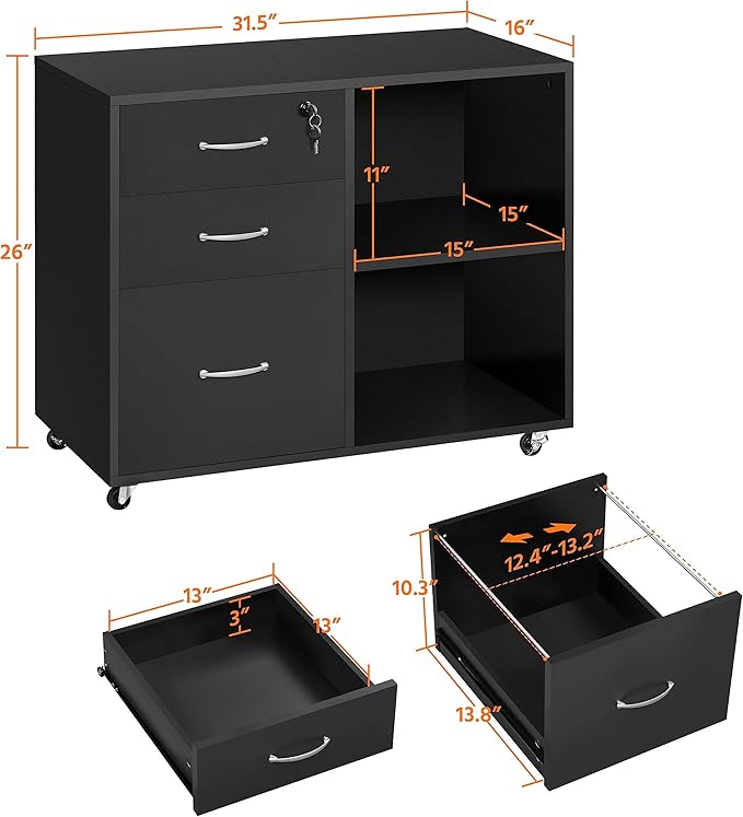 Topeakmart Black File Cabinet with Lock for Letter A4 Size 3 Drawer Lateral Filing Cabinet Printer Stand with Open Storage Compartments for Home Office Black